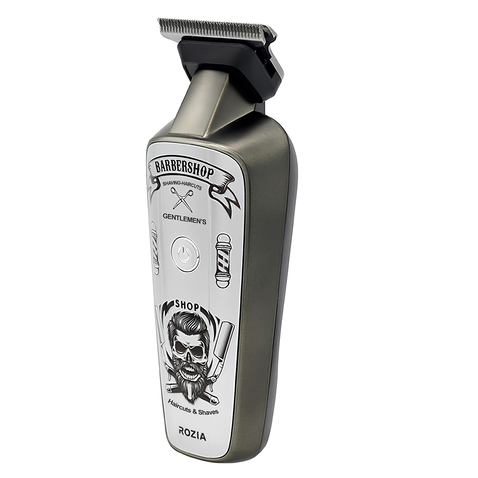 Ein dunkler Haarschneider mit Totenkopf- und Barbershop-Motiven.