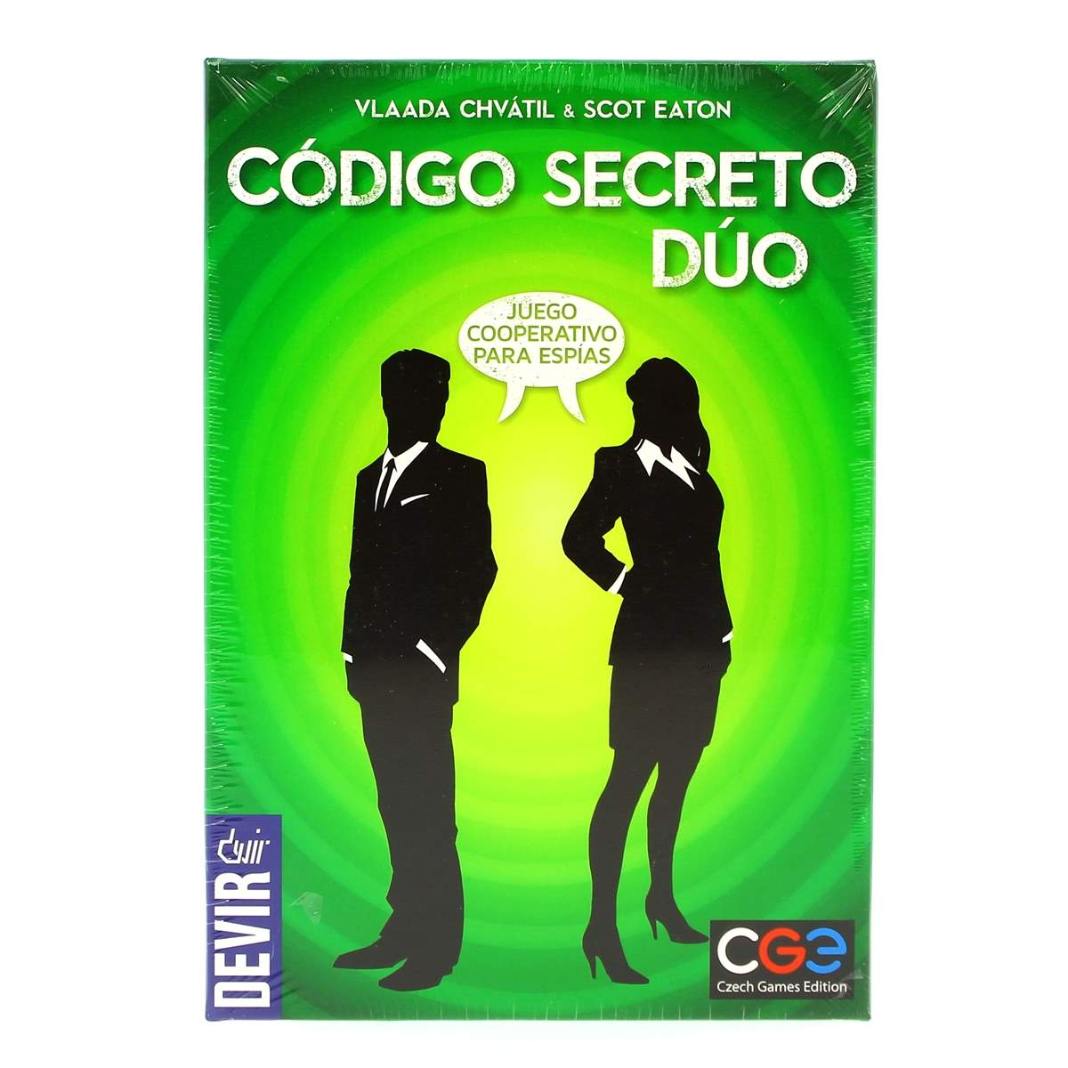 Caja del juego "Código Secreto Dúo" con siluetas de espías y título.