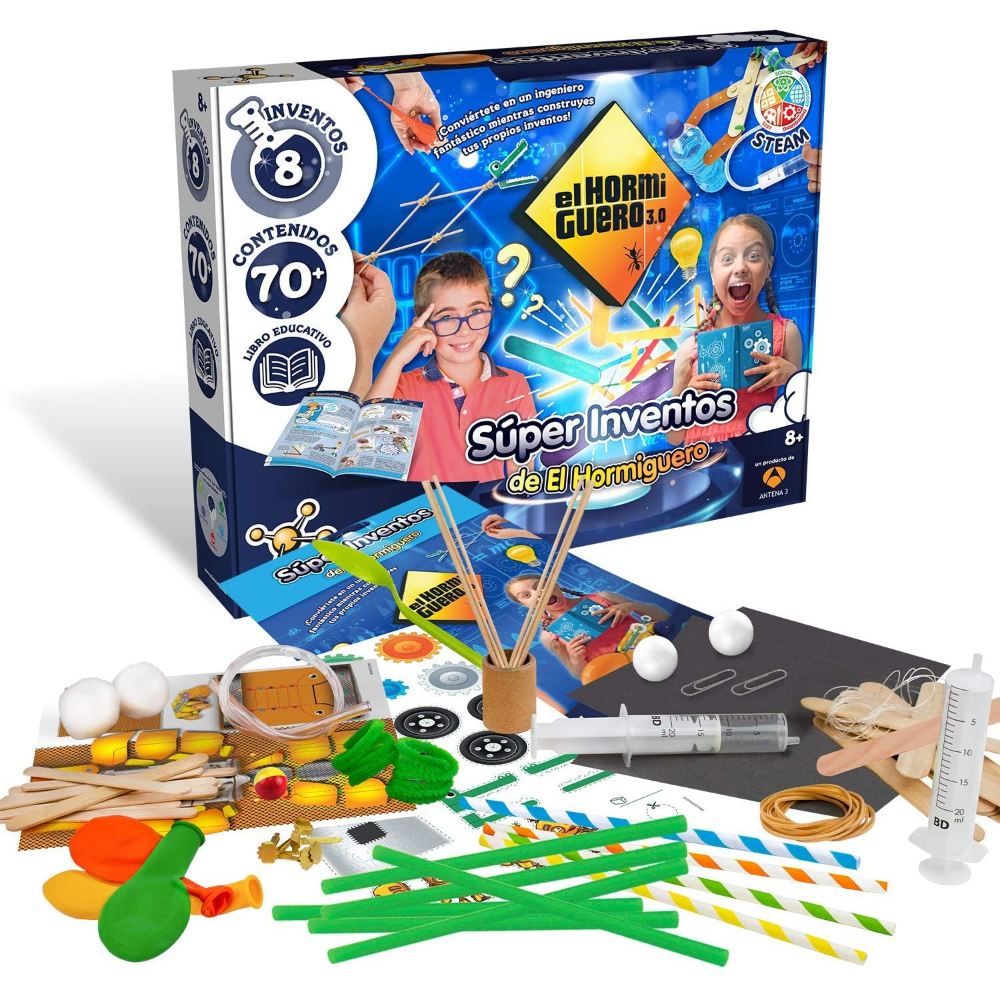 Un kit con muchas piezas, incluyendo palitos de madera, globos, jeringuillas y papel.