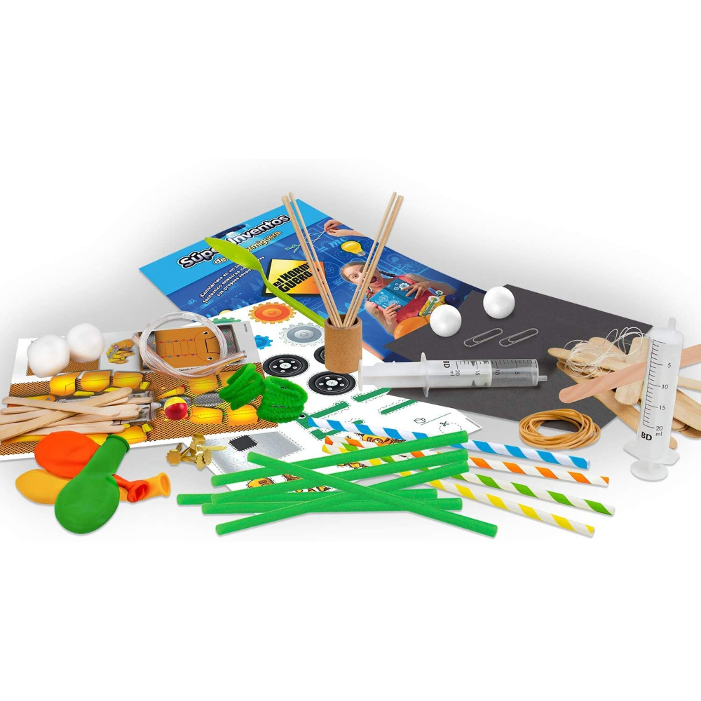 Kit de manualidades con muchas piezas pequeñas como palitos, pajitas, globos y jeringa.
