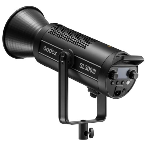 Schwarzer Godox SL300II LED-Scheinwerfer mit Reflektor und Bedienelementen.