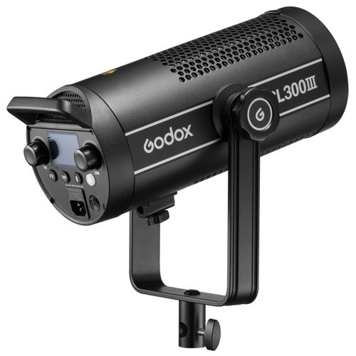 Schwarzer Godox L300II Studioblitz mit Halterung und Bedienelementen.