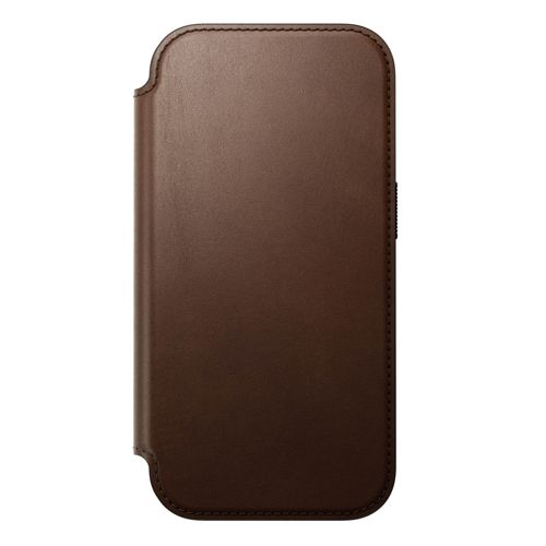 Custodia in pelle marrone scuro per smartphone, su sfondo bianco.