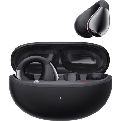 Auricolari wireless neri in una custodia di ricarica aperta, un auricolare in alto.