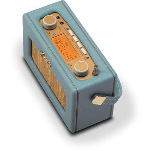 Una radio blu con griglia dell'altoparlante dorata e schermo arancione.