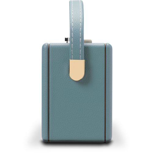 Una borsa a bauletto in pelle teal con chiusura dorata e manico.