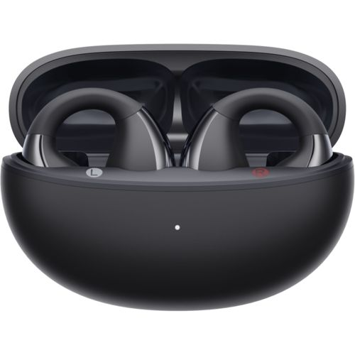 Auricolari wireless neri con custodia di ricarica aperta, che mostrano due auricolari all'interno.
