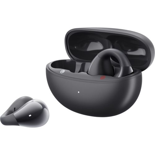 Una coppia di auricolari wireless neri, uno fuori e uno dentro la custodia di ricarica aperta.