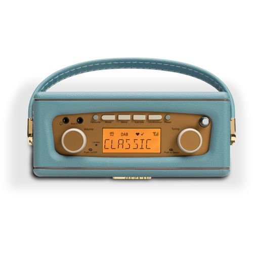 Una radio blu chiaro con accenti marroni, maniglia e display arancione.