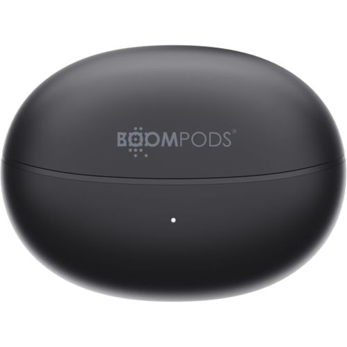 Custodia di ricarica nera per auricolari wireless con logo BOOMPODS.