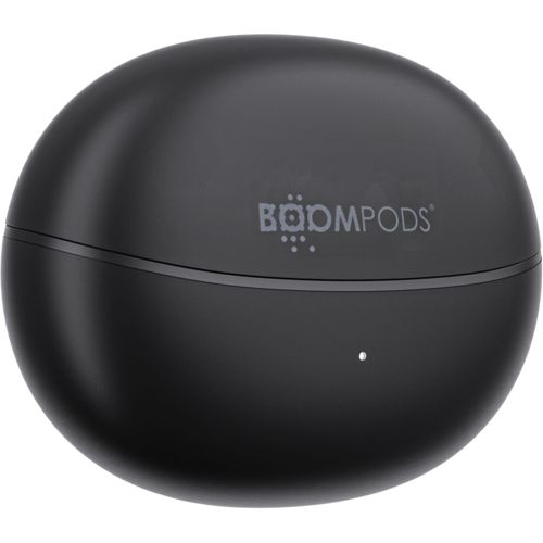 Custodia di ricarica rotonda nera per auricolari con logo "BOOMPODS".