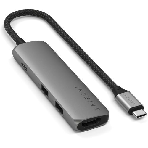 Hub USB-C gris con puertos HDMI, USB-A, USB-C y cable trenzado.