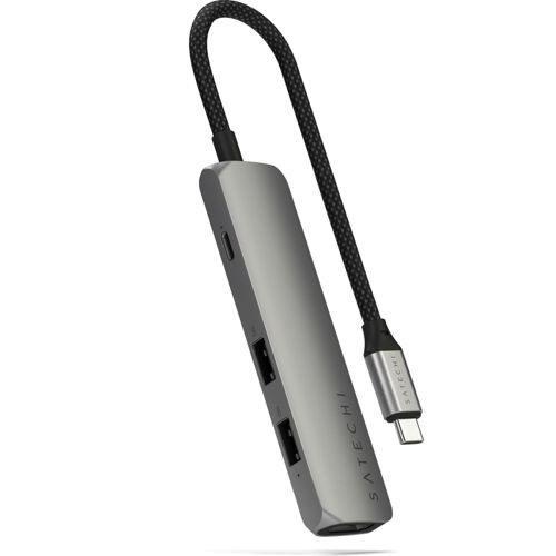 Hub USB-C gris con cable trenzado negro y puertos USB.