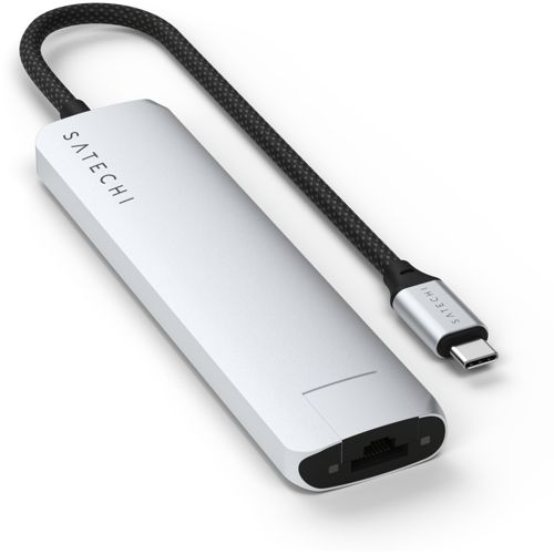 Silberner USB-C-Hub mit Ethernet-Anschluss und geflochtenem Kabel.