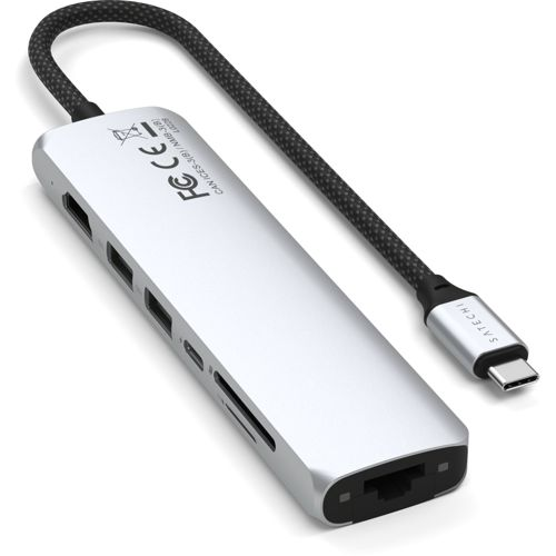 Silberner USB-C-Hub mit HDMI-, SD-Karten- und Ethernet-Anschlüssen.