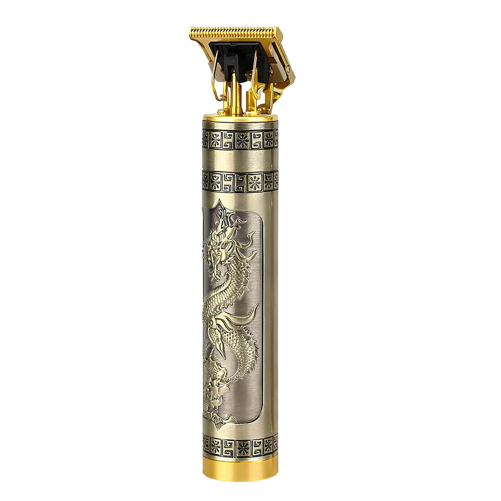Ein goldener Haarschneider mit Drachengravur und metallischen Verzierungen.