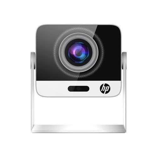Eine weiße HP-Webcam mit einem Objektiv und einem silbernen Ständer.