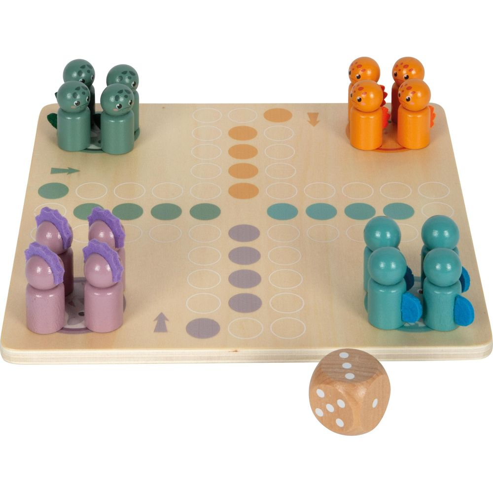 Tablero de juego de madera con peones verdes, naranjas y morados. Un dado al lado.