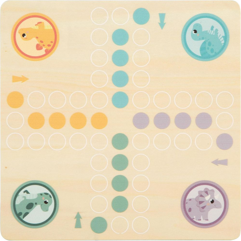 Tablero de juego de madera con iconos de dinosaurios y círculos coloridos.