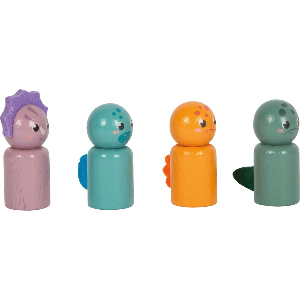 Cuatro figuras de dinosaurios de madera en colores morado, turquesa, naranja y verde.