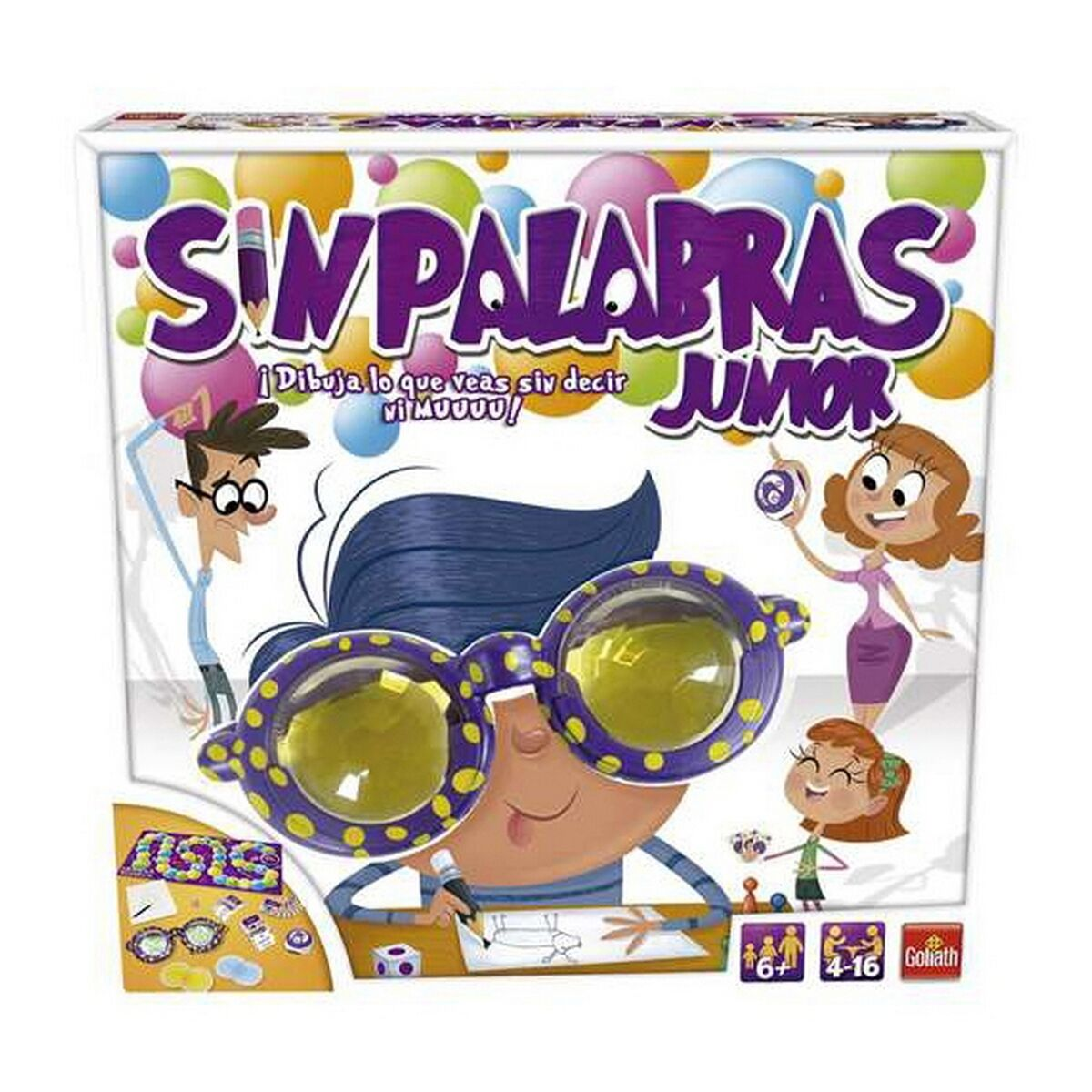 Portada de juego de mesa con personajes de dibujos animados jugando y dibujando.