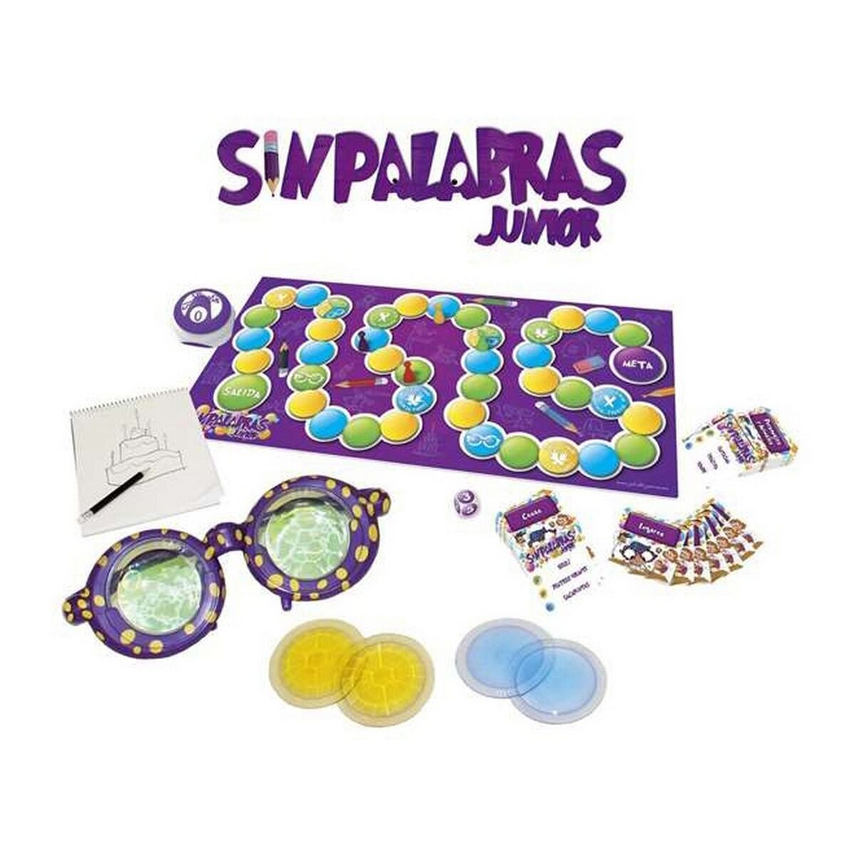Juego de mesa con tablero morado, círculos coloridos, gafas, dados y cartas.