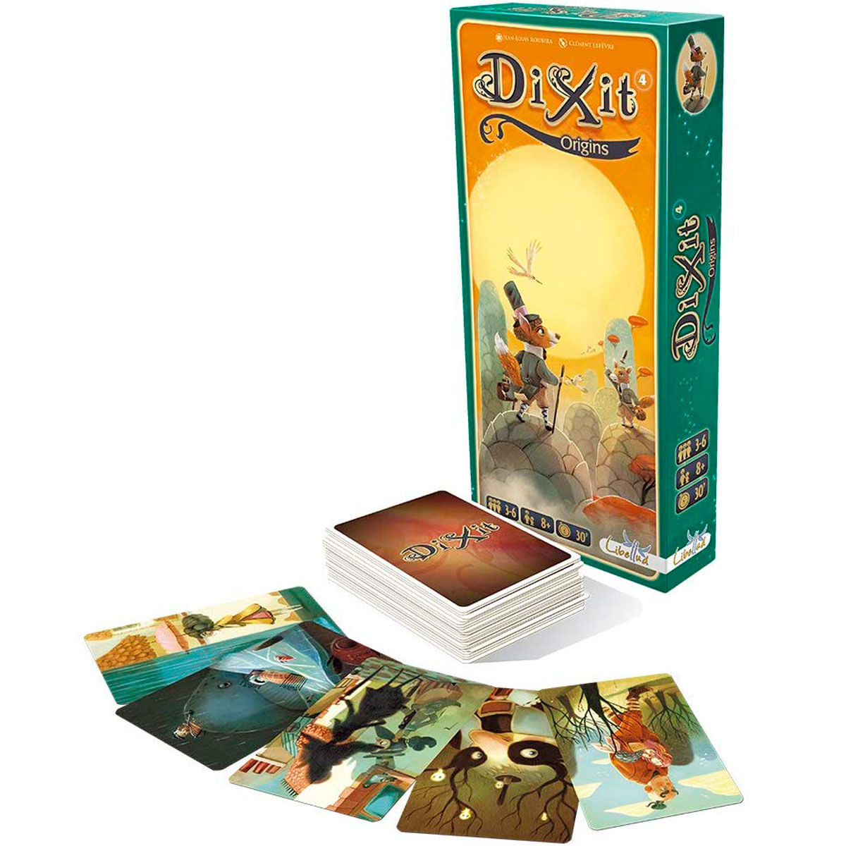 Caja del juego Dixit Origins con mazo de cartas y cartas de juego extendidas.