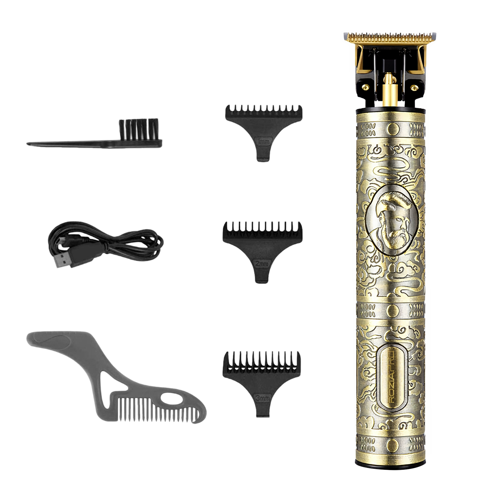 Ein goldener Haarschneider mit Bart-Motiv, Bürste, Ladekabel und drei Aufsteckkämmen.