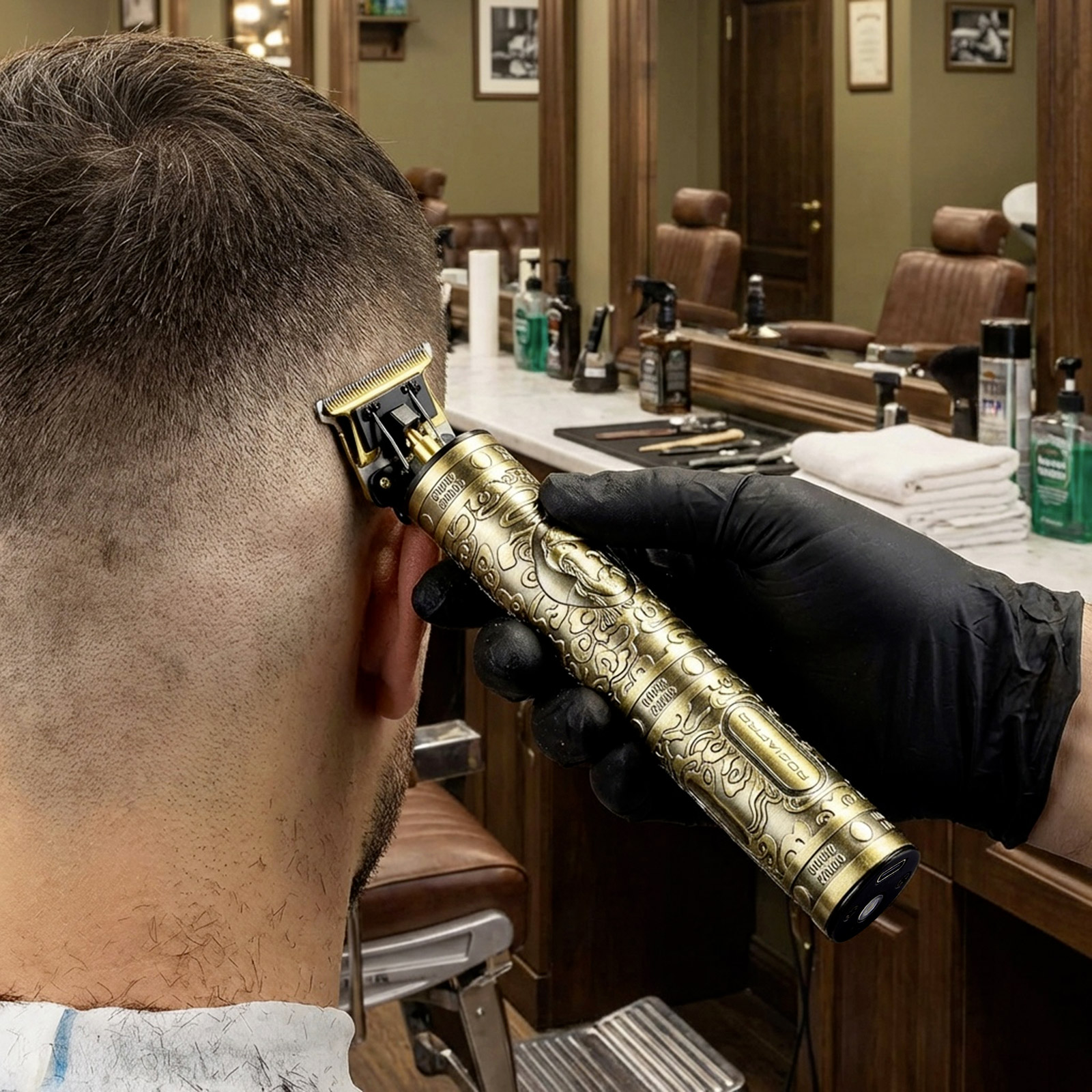 Ein Goldener Haartrimmer wird von einer Hand mit schwarzer Handschuh an einem Mann's Kopf benutzt.