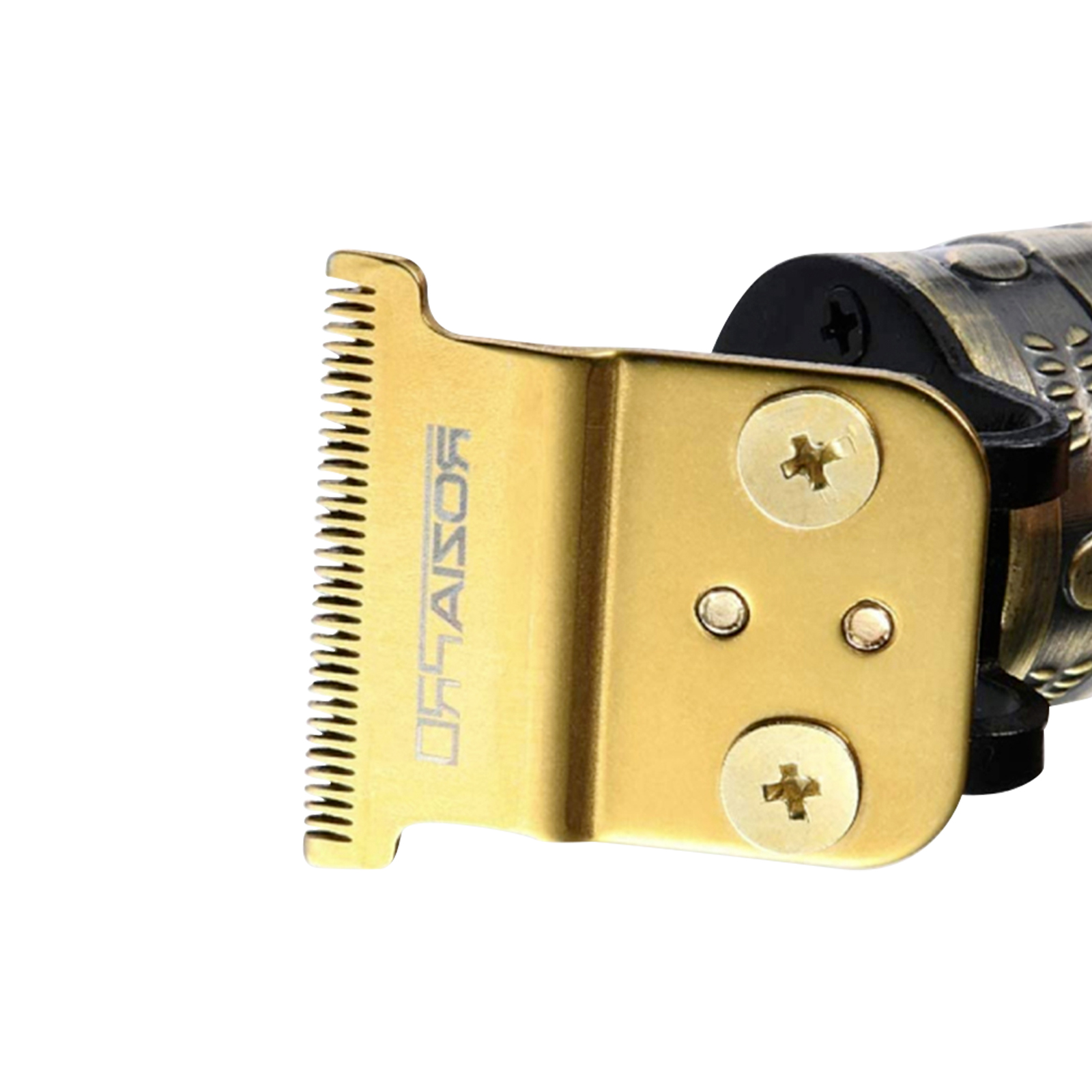 Nahaufnahme eines goldenen Trimmers mit Zinken und Schrauben.