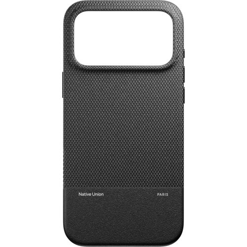 Schwarze Handyhülle mit Rautenmuster und Logo.