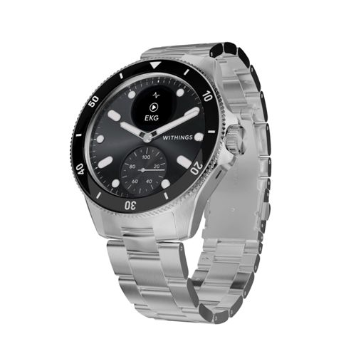 Silberne Uhr mit schwarzem Zifferblatt, EKG-Funktion und Metallarmband.