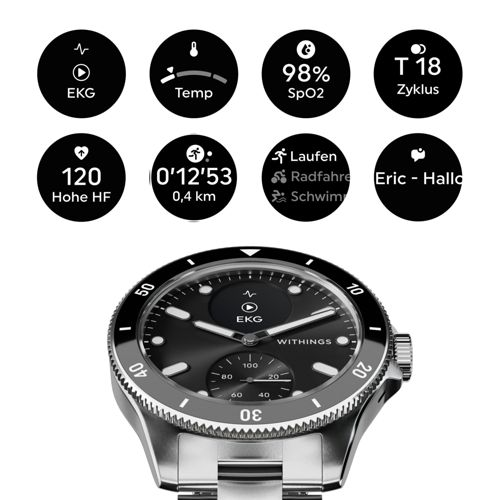 Smartwatch mit EKG, Temp, SpO2, Zyklus, HF, Distanz und Aktivitäten.