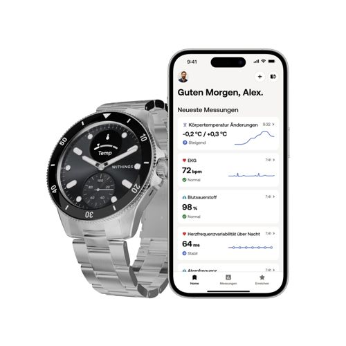 Silberne Smartwatch und iPhone zeigen Gesundheitsdaten an, u.a. Temperatur, EKG, Blutsauerstoff.