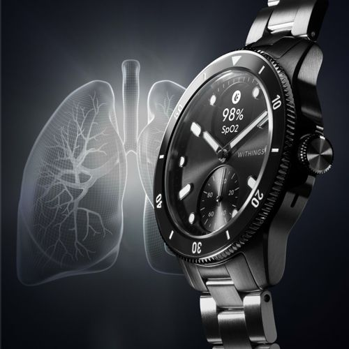 Eine Uhr mit einem Lungen-Overlay, die 98 % SpO2 anzeigt.
