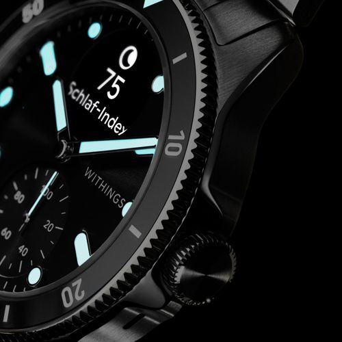 Schwarze Smartwatch mit Zifferblatt, das einen Schlafindex von 75 anzeigt.