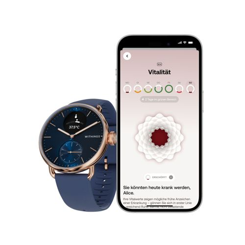 Uno smartwatch blu e uno smartphone mostrano dati di vitalità.