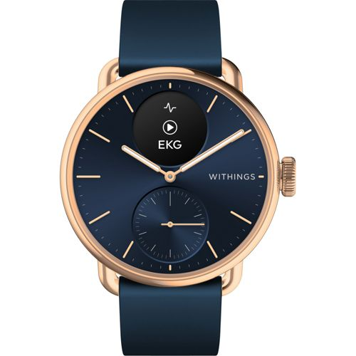 Uno smartwatch blu scuro con cassa in oro rosa e display EKG.