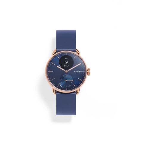 Uno smartwatch blu con accenti oro rosa e display ECG.
