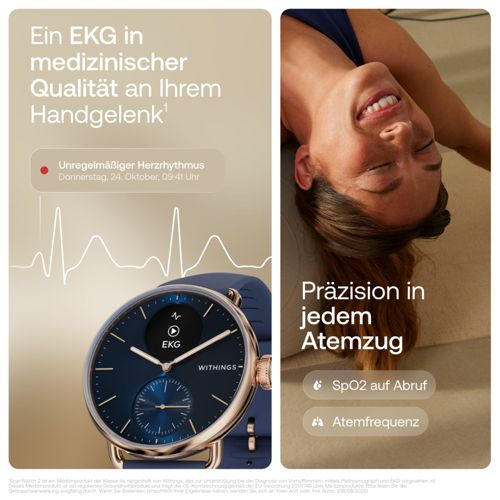 Uno smartwatch con funzione ECG e una donna in posa rilassata.