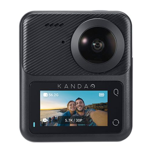 Ein schwarzer 360-Grad-Kamera mit einem Bildschirm, der ein Selfie zeigt.