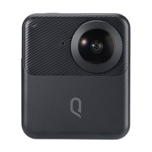 Kompakte schwarze 360-Grad-Kamera mit einer Linse und einem Logo.