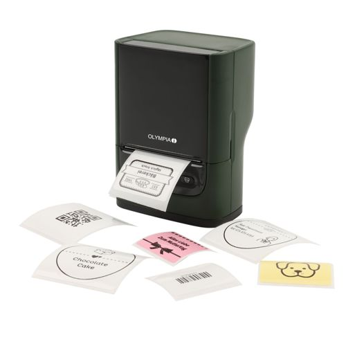 Stampante nera con varie etichette stampate: codice QR, torta, cane, fiocco, codice a barre.