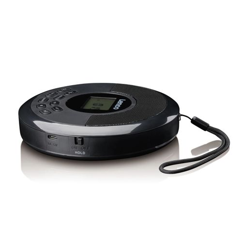 Un lecteur CD portable noir avec écran, boutons de commande et dragonne.