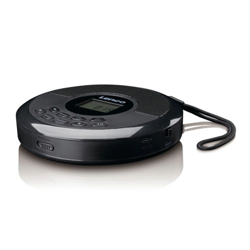Un lecteur CD portable noir avec écran numérique et boutons de commande.