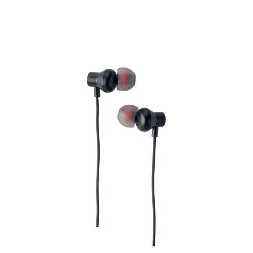 Écouteurs intra-auriculaires noirs avec embouts rouges et fils fins.