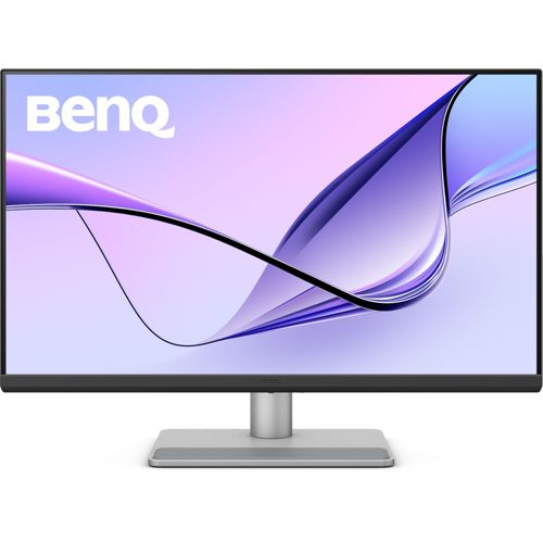 BenQ Monitor mit abstraktem lila-pinkem Wellendesign auf dem Bildschirm und silbernem Ständer.
