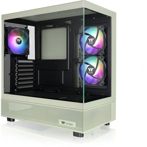 Un case per PC beige chiaro con frontale in vetro e ventole colorate.