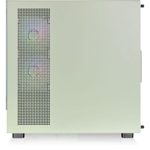 Un case per computer grigio chiaro con fessure di ventilazione e luci colorate.