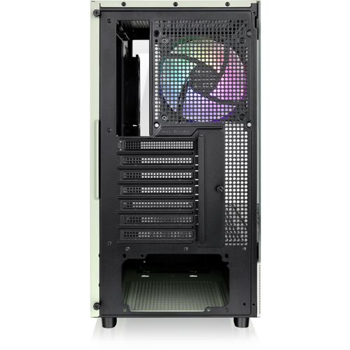 Vista posteriore di un case PC bianco con ventola e porte.